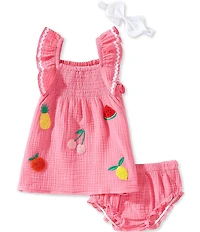 Adventurewear 360 Baby Girls Cotton Flutter Sleeve Ric Rac Trim Smocked Bodice Fruit Applique Dress