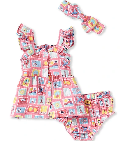 Adventurewear 360 Baby Girls Flutter Sleeve Cotton Stamp Print Dress & Bow Set