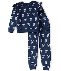Adventurewear 360 Little Girls Bow Print Crew Neck Long Sleeve Pullover Ruffle Sweatshirt & Jogger Pants Set