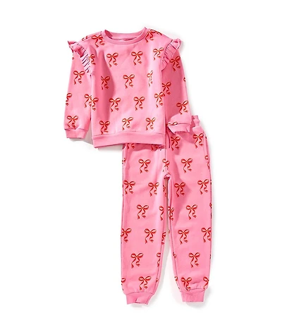 Adventurewear 360 Little Girls Bow Print Crew Neck Long Sleeve Pullover Ruffle Sweatshirt & Jogger Pants Set