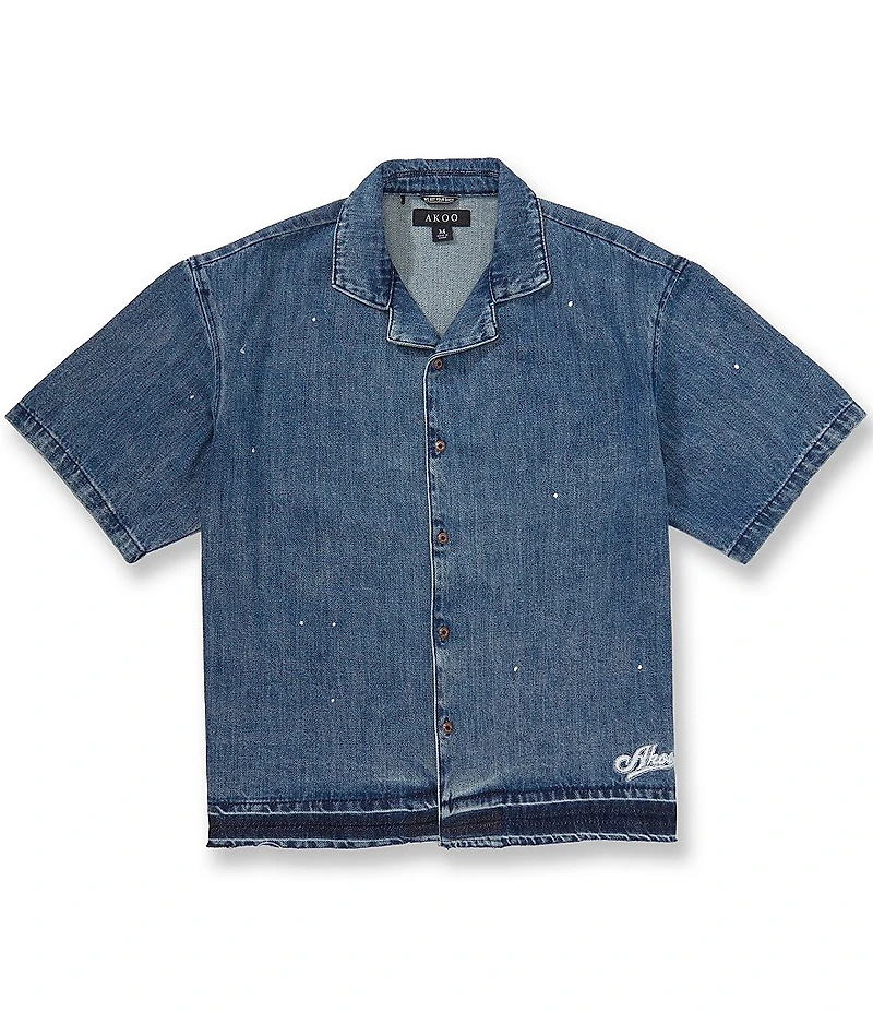AKOO Denim Pattern Short Sleeve Cropped Relaxed Camp Collar Woven Shirt