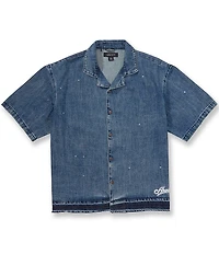 AKOO Denim Pattern Short Sleeve Cropped Relaxed Camp Collar Woven Shirt