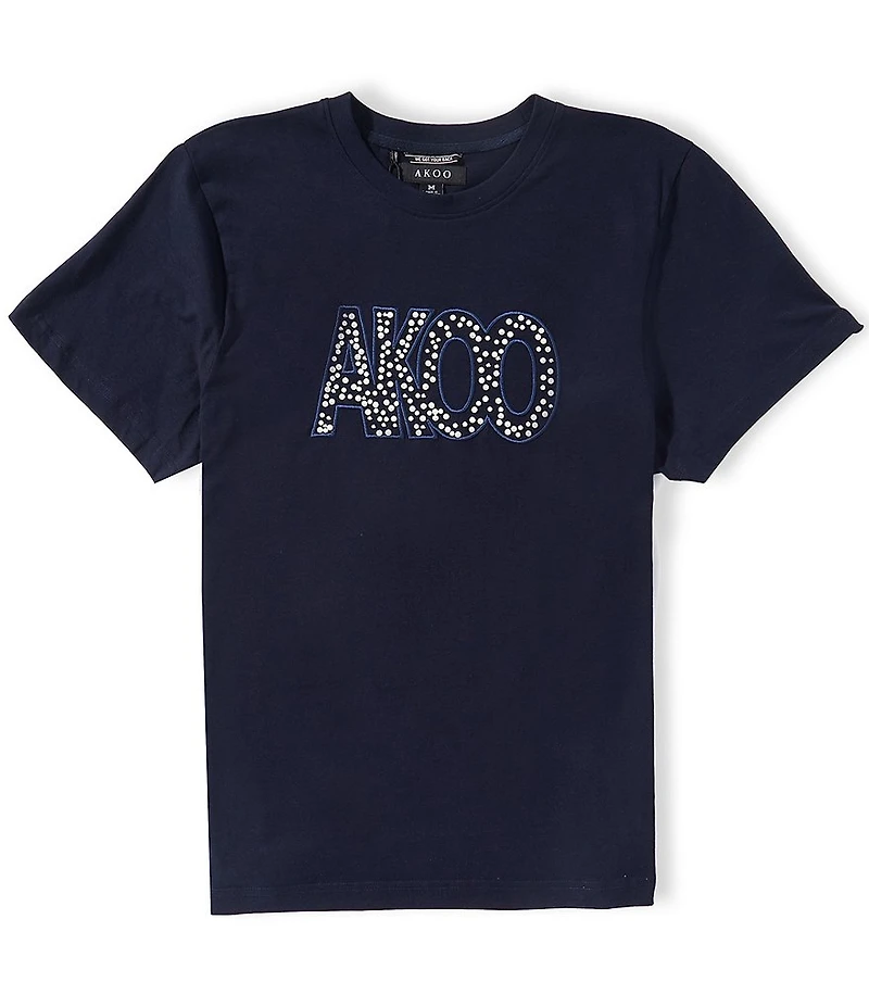AKOO Short Sleeve Pearl Embellished Applique T-Shirt
