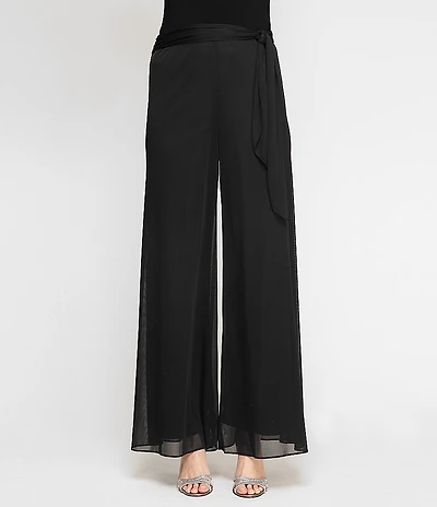 Alex Evenings Petite Size Mesh Mid Rise Wide Leg Tie Waist Pants