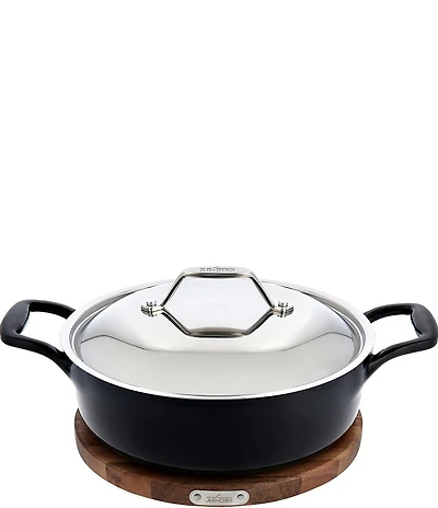 All-Clad Enameled Cast Iron Braiser with Lid and Acacia Wood Trivet, 4 Qt.