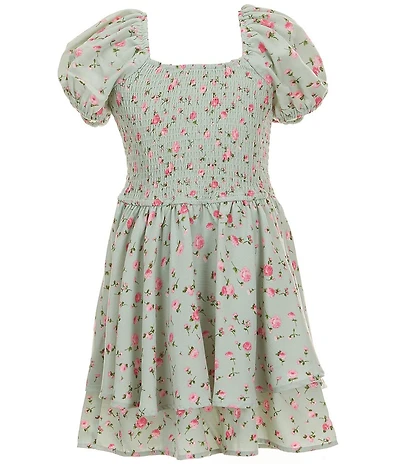 Allison & Kelly Big Girls Floral Print Short Puffed Sleeve Square Neck Smocked Layered Hem Romper