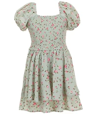 Allison & Kelly Big Girls Floral Print Short Puffed Sleeve Square Neck Smocked Layered Hem Romper