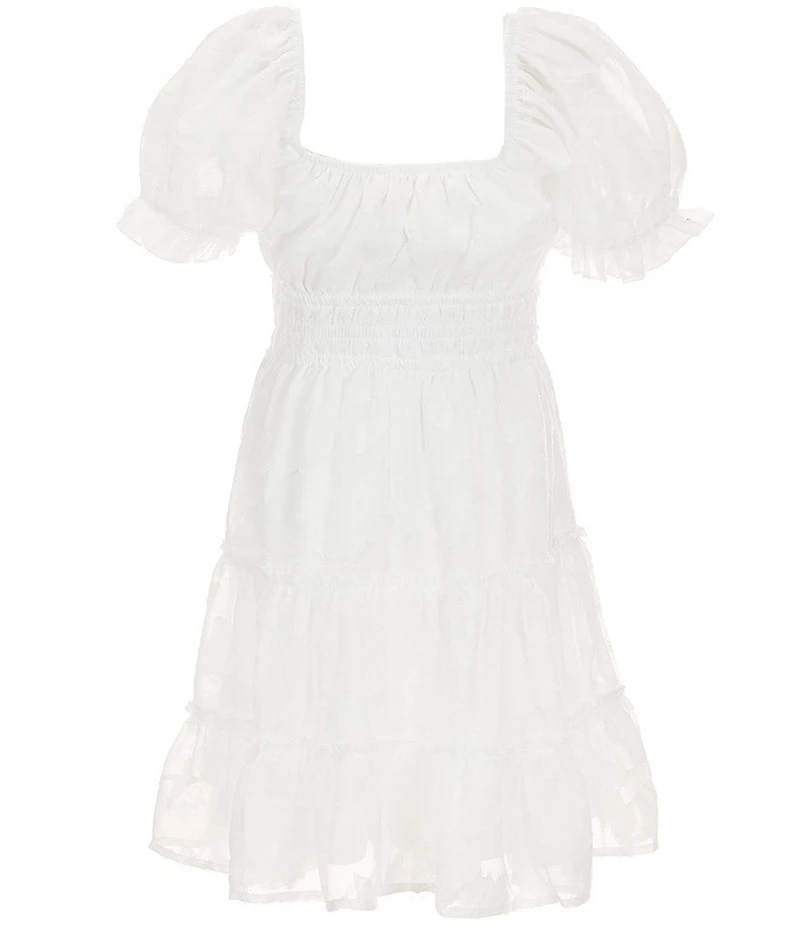 Allison & Kelly Big Girls Short Puffed Sleeve Jacquard Chiffon Smocked Pleated Ruffle Tier Hem Dress
