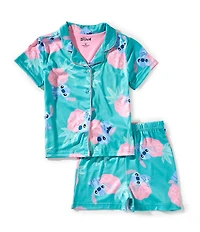 AME Little Girls Lilo & Stitch Short Sleeve Notch Collar Printed Jersey Two-Piece Pajama Set