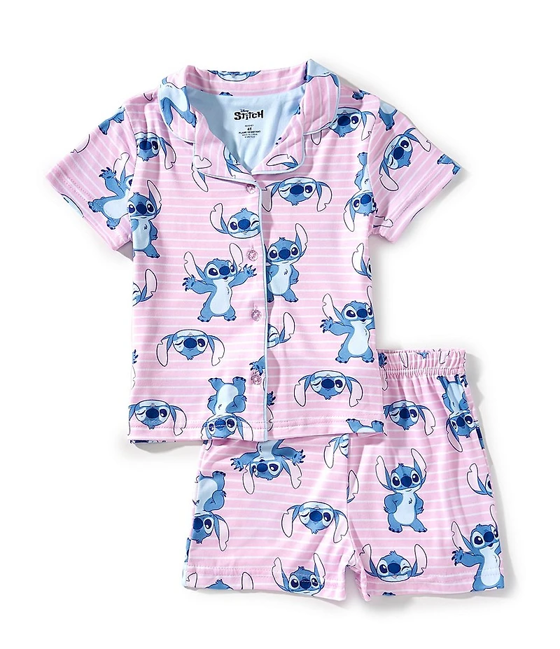 AME Little Girls Lilo & Stitch Stripe Short Sleeve Notch Collar Printed Jersey Two-Piece Pajama Set