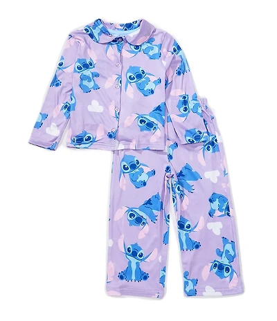AME Little Girls Notch Collar Long Sleeve Lilo & Stitch Pajama Coat Set