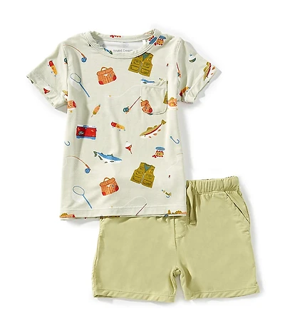 Angel Dear Baby Boys Round Neck Short Sleeve Fishing Things T-Shirt & Pull-On Shorts Set