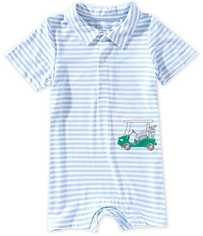 Angel Dear Baby Boys Striped Golf Cart Applique Polo Collar Romper