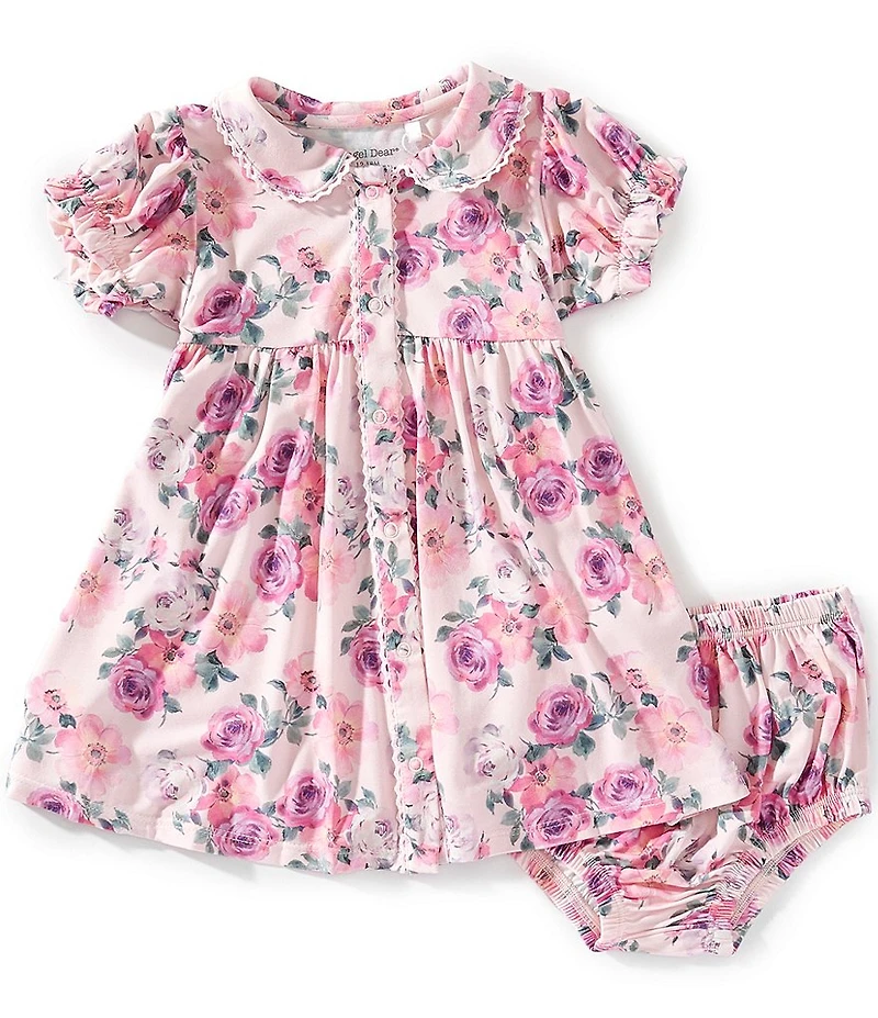 Angel Dear Baby Girls Puff Short Sleeve Rose Abundance Print Button Front Dress