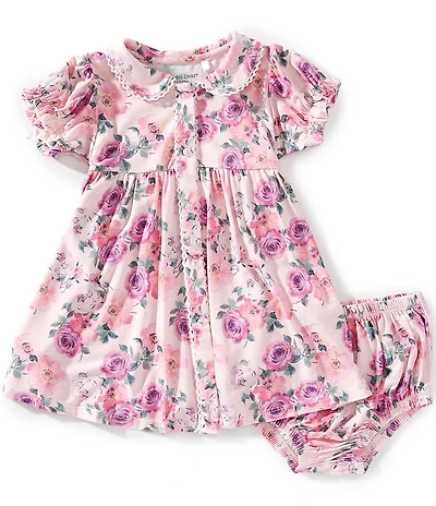 Angel Dear Baby Girls Puff Short Sleeve Rose Abundance Print Button Front Dress