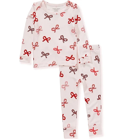 Angel Dear Baby Girls Long-Sleeve Candy-Cane-Bow-Printed Pajama Top & Matching Pajama Pant Set