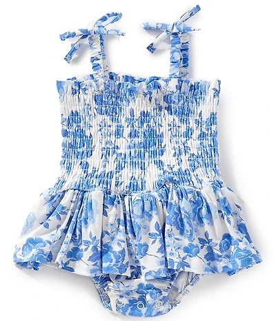 Angel Dear Baby Girls Blue Roses Smocked Bubble With Skirt