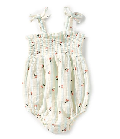 Angel Dear Baby Girls Cherry Stripe Tie Strap Smocked Romper