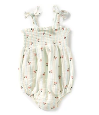 Angel Dear Baby Girls Cherry Stripe Tie Strap Smocked Romper