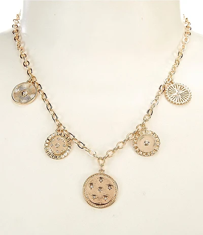 Anna & Ava Crystal Stone Star Multi Textured Disc Charm Drop Collar Necklace