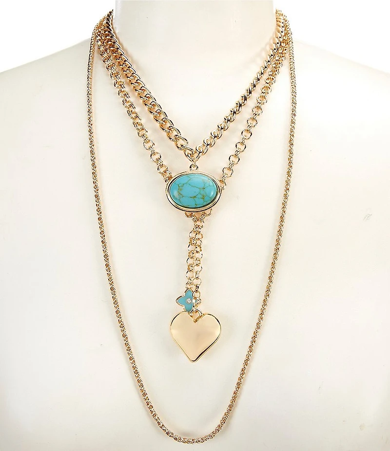 Anna & Ava Turquoise Oval Cab Heart Charm Drop Chain Short Multi Strand Necklace