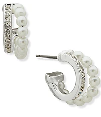 Anne Klein Two-Row Pearl Rhinestone Huggie Hoop Earrings