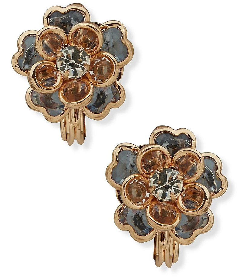 Anne Klein Blue Stone Flower Button Clip-On Stud Earrings