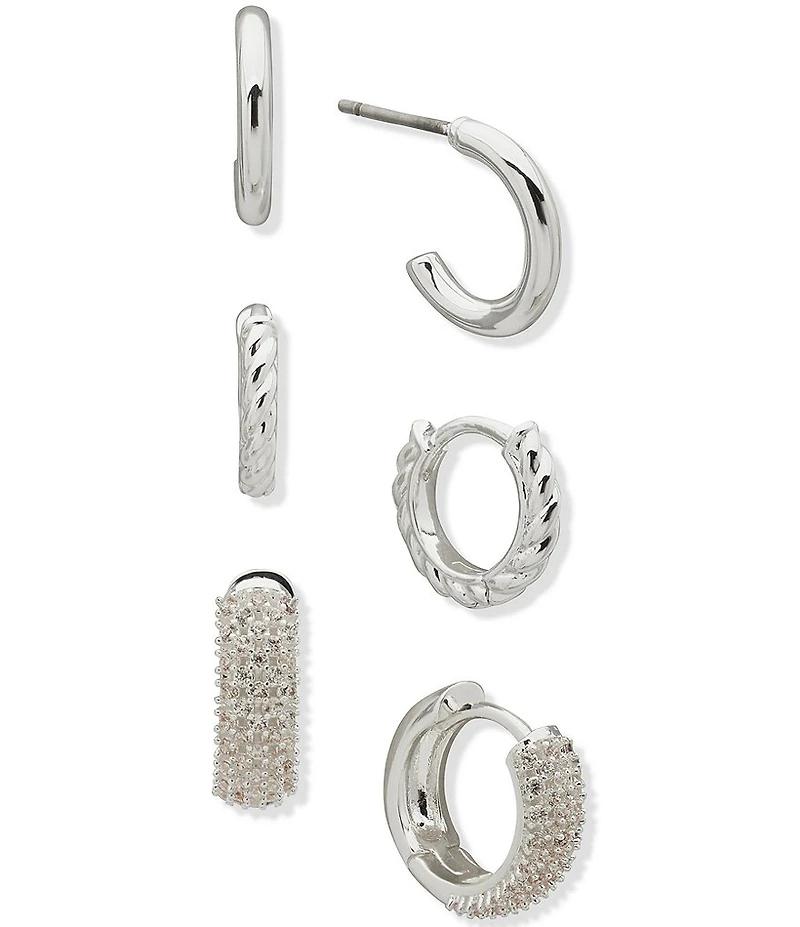 Anne Klein Crystal Lattice Twist Small Trio Hoop Earring Set