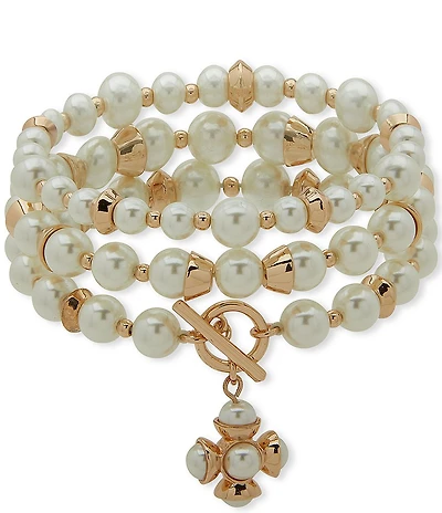 Anne Klein Gold Tone 3 Row Pearl Stretch Bracelet