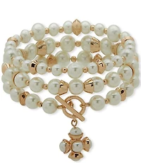 Anne Klein Gold Tone 3 Row Pearl Stretch Bracelet