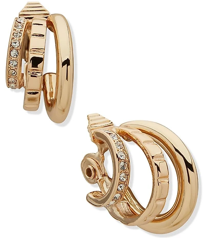 Anne Klein Gold Tone 3 Row Stone Clip Hoop Earrings