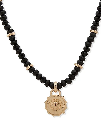 Anne Klein Gold Tone Beaded Lion Disc Short Pendant Necklace