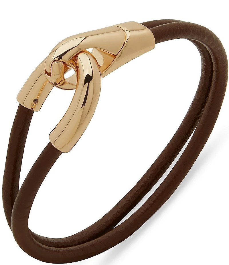 Anne Klein Gold Tone Brown 2 Row Leather Cord Bangle Bracelet