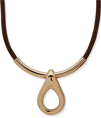 Anne Klein Gold Tone Brown Leather Cord Rounded Teardrop Short Pendant Necklace