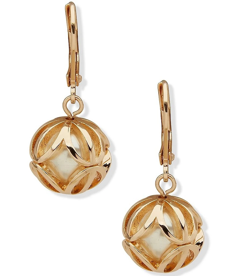 Anne Klein Gold Tone Caged Pearl Drop Earrings