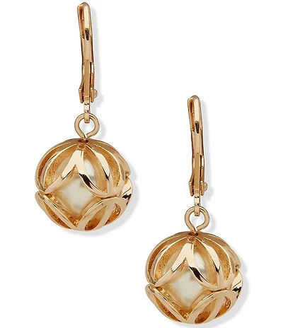 Anne Klein Gold Tone Caged Pearl Drop Earrings