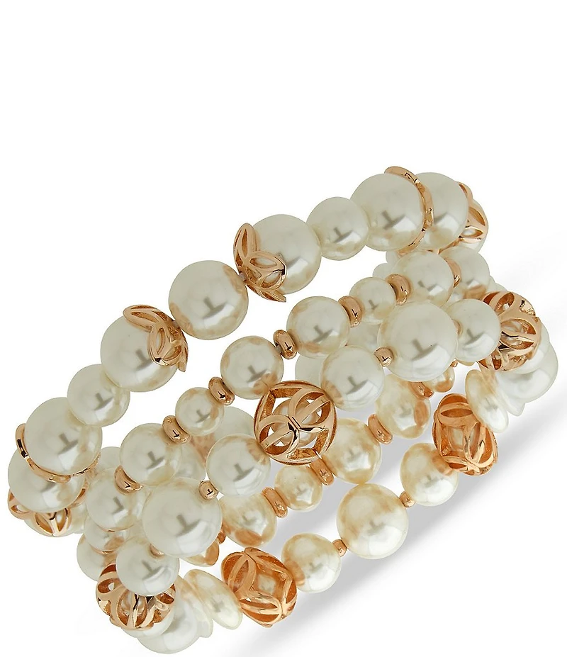 Anne Klein Gold Tone Caged Pearl Multi Row Stretch Bracelet