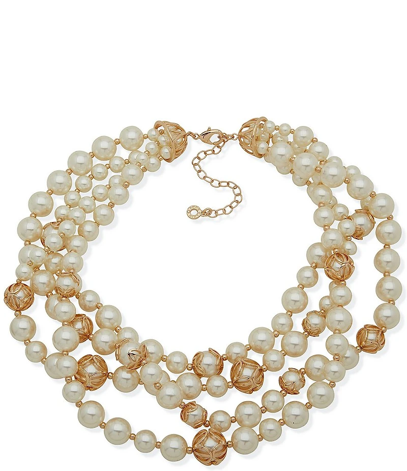 Anne Klein Gold Tone Caged Pearl Statement Short Multi-Strand Necklace