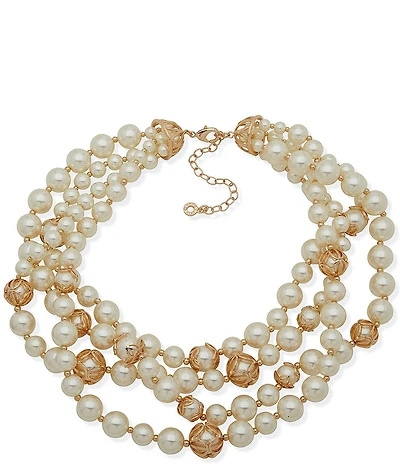 Anne Klein Gold Tone Caged Pearl Statement Short Multi-Strand Necklace