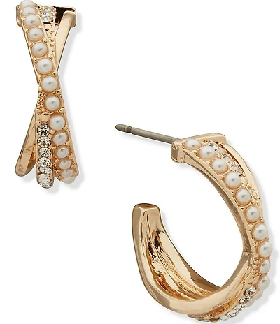 Anne Klein Gold Tone Criss Cross White Pearl C Hoop Earrings