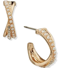 Anne Klein Gold Tone Criss Cross White Pearl C Hoop Earrings
