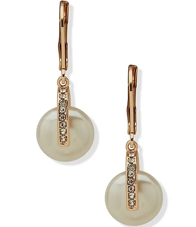 Anne Klein Gold Tone Crystal Lentil Pearl Drop Earrings
