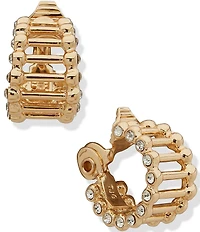 Anne Klein Gold Tone Crystal Open Ribbed Clip Hoop Earrings