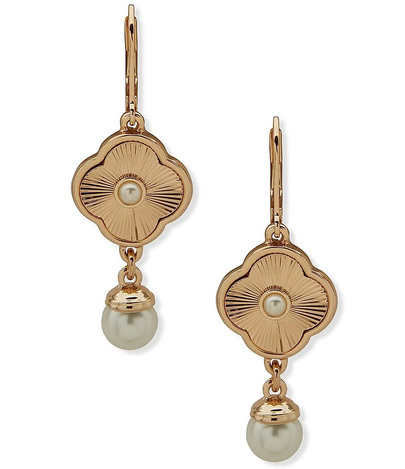 Anne Klein Gold Tone Crystal Quatrefoil Pearl Drop Earrings