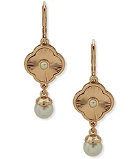 Anne Klein Gold Tone Crystal Quatrefoil Pearl Drop Earrings