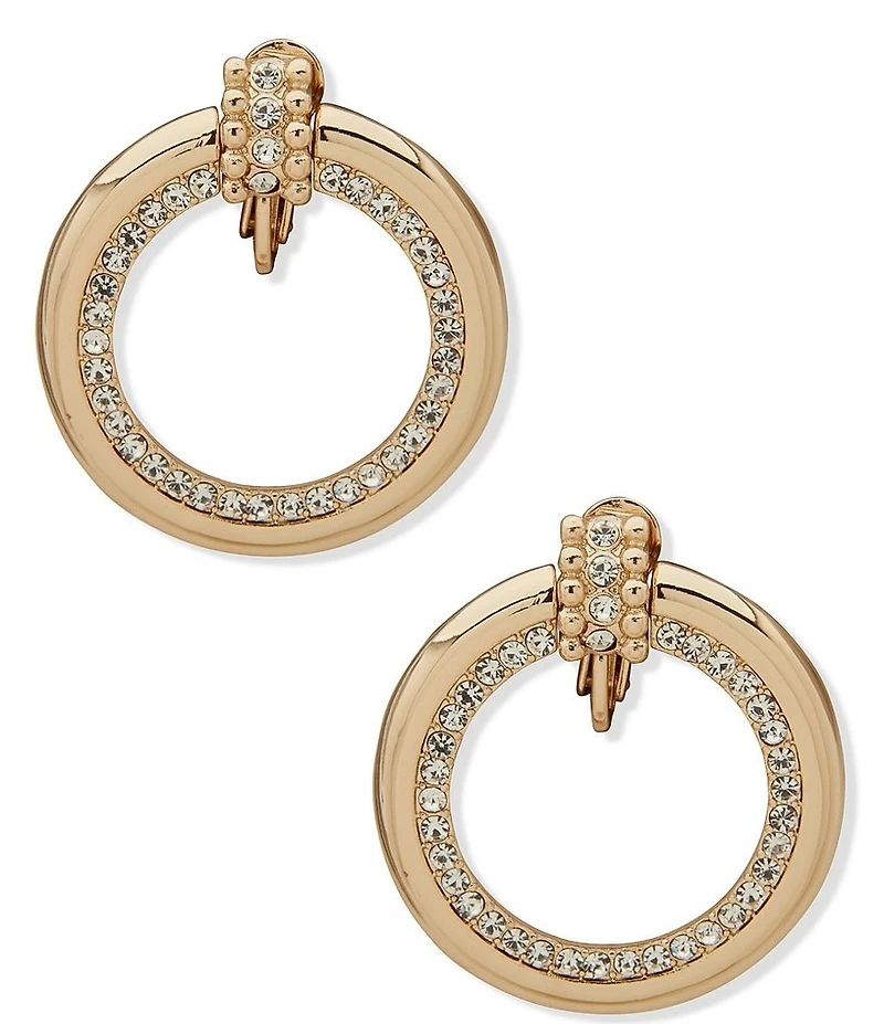 Anne Klein Gold Tone Crystal Stone Doorknocker Clip Orbital Earrings