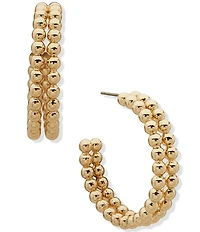 Anne Klein Gold Tone Double Row Metal Beaded C Hoop Earrings