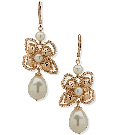 Anne Klein Gold Tone Floral Hammered Pearl Drop Earrings