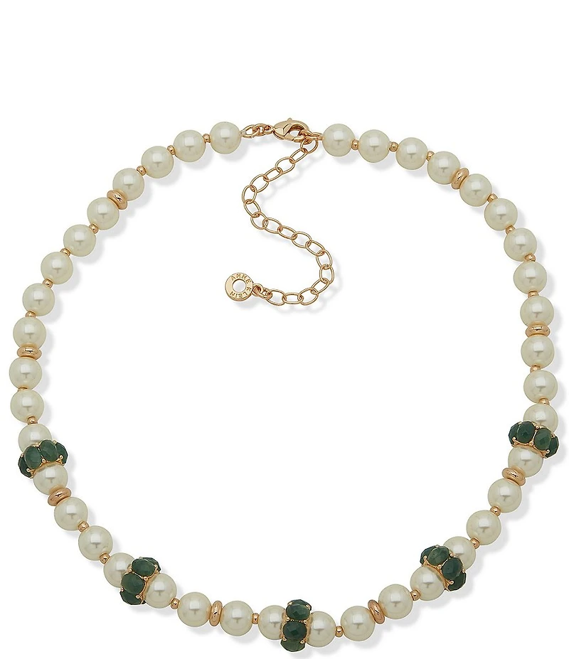 Anne Klein Gold Tone Green Stone Pearl Rondell Collar Necklace
