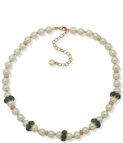Anne Klein Gold Tone Green Stone Pearl Rondell Collar Necklace